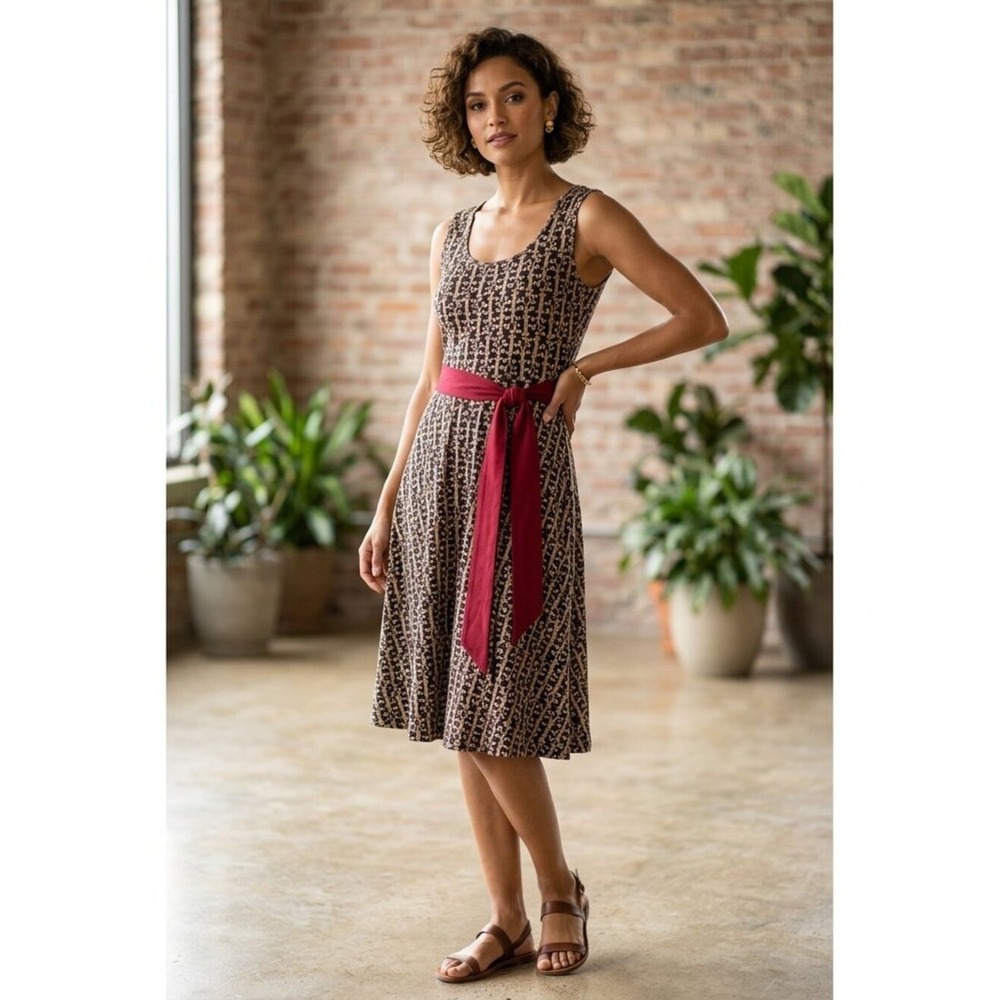 Effie's Heart Sleeveless Wheat Print Midi Dress with Red Sash Pockets Black M